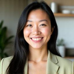Portrait of Sarah Chen, female certified nutritionist, with a warm, encouraging expression