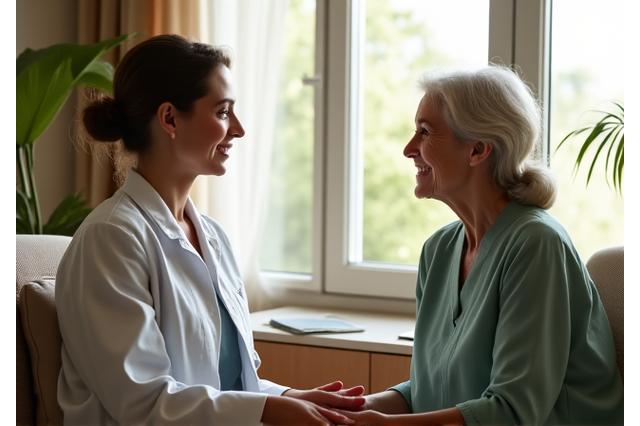 Woman comfortably sitting with a wellness expert, engaged in a conversation with soft, natural lighting.