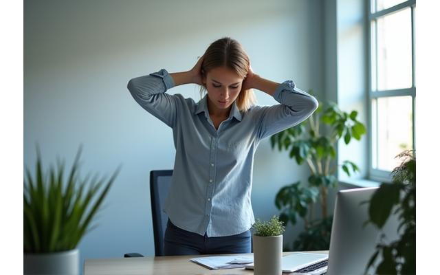 Office worker doing a subtle stretch at their desk, illustrating 'movement snacks'