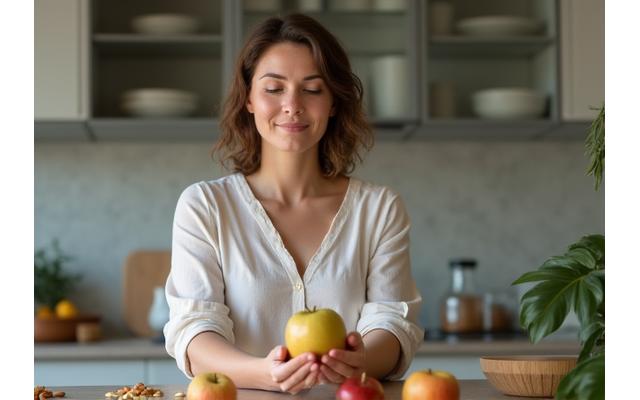 Person mindfully reaching for a healthy snack, in a calm kitchen setting