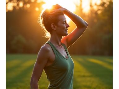 Person stretching outdoors in a serene nature setting, embodying movement and fitness