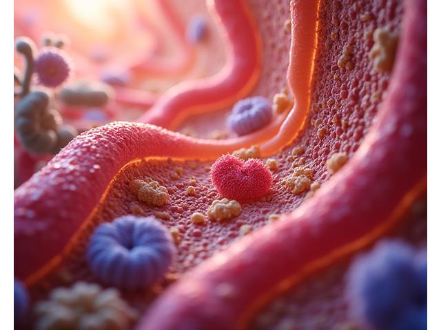 A vibrant illustration of a healthy human gut microbiome, featuring beneficial bacteria and a strong intestinal lining, symbolizing digestive wellness.