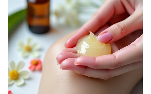 Hands applying natural skincare product, soft lighting