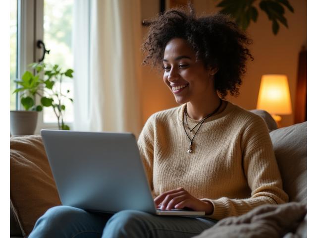 Person using laptop in a cozy home office setting